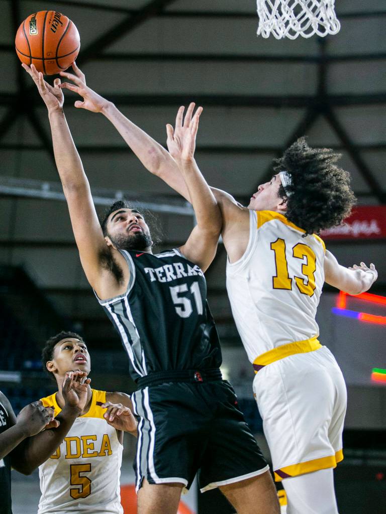 Mountlakes Svayjeet Singh attempts a layup during the 3A quarterfinal game against ODea on Thursday, March 2, 2023 in Tacoma, Washington. (Olivia Vanni / The Herald)