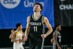 Mountlake’s Chris Meegan grimaces in response to a foul call during the 3A quarterfinal game against O’Dea on Thursday, March 2, 2023 in Tacoma, Washington. (Olivia Vanni / The Herald)