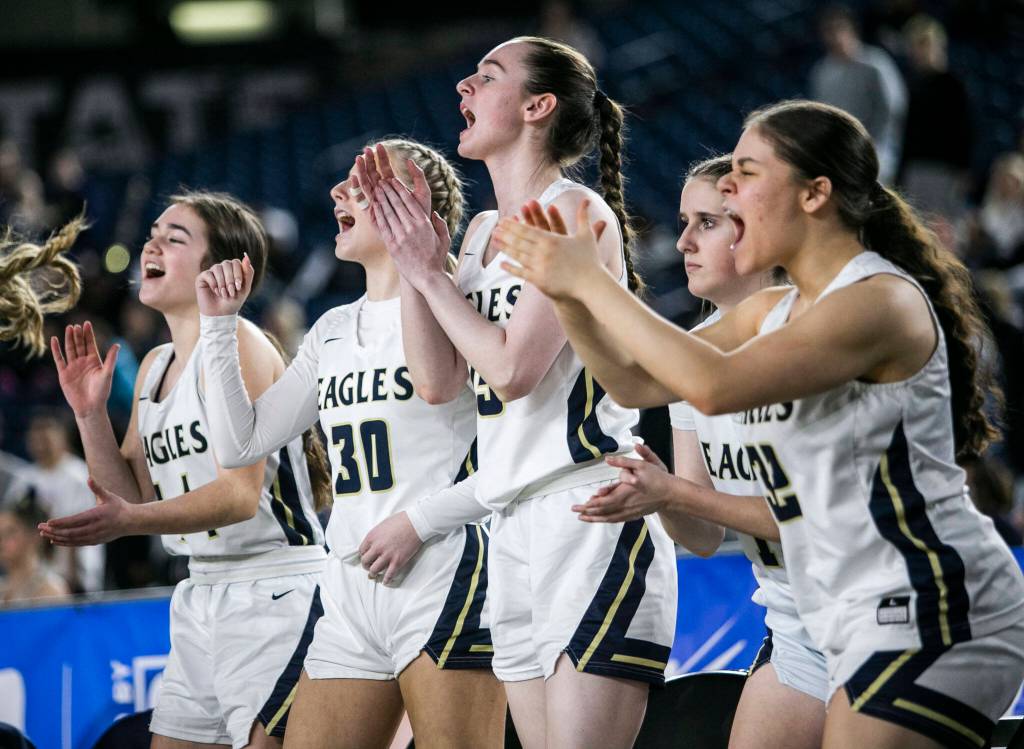 The Arlington bench reacts to a three-point shot during the 3A quarterfinal game against Meadowdale on Thursday, March 2, 2023 in Tacoma, Washington. (Olivia Vanni / The Herald)