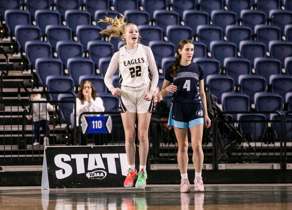 Arlingtons Kierra Reese reacts to drawing a foul after scoring during the 3A quarterfinal game against Meadowdale on Thursday, March 2, 2023 in Tacoma, Washington. (Olivia Vanni / The Herald)