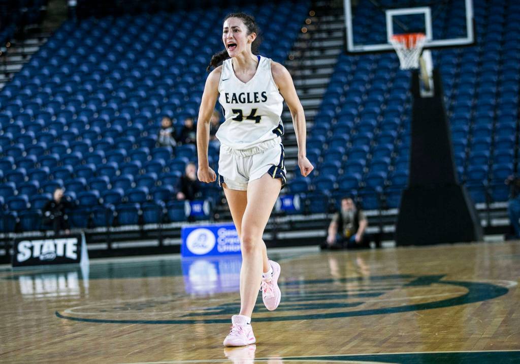Arlingtons Jenna Villa reacts to a teammate drawing a foul call during the 3A quarterfinal game against Meadowdale on Thursday, March 2, 2023 in Tacoma, Washington. (Olivia Vanni / The Herald)