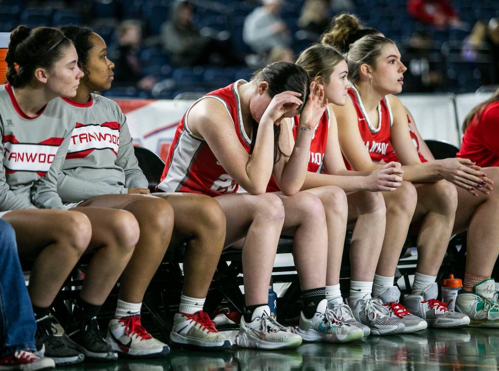 Stanwoods Jazmyn Legg reacts to her team falling behind during the 3A quarterfinal game against Mead on Thursday, March 2, 2023 in Tacoma, Washington. (Olivia Vanni / The Herald)