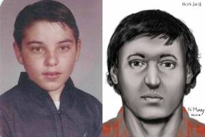 A school photo of Gary Lee Haynie as a child, left, courtesy of his cousin Hal Thayne. Artist Natalie Murry's drawing based on Haynie's remains, right, courtesy of Snohomish County Medical Examiner's Office. Haynie was identified as The Spencer Island John, a man who's body was found north of Everett in January 1979.