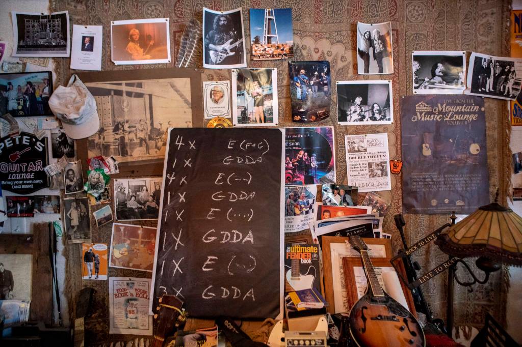Decor is seen on the walls at a Dan Canyon Band rehearsal in their practice barn Saturday, March 11, 2023 in Arlington, Washington. (Annie Barker / The Herald)