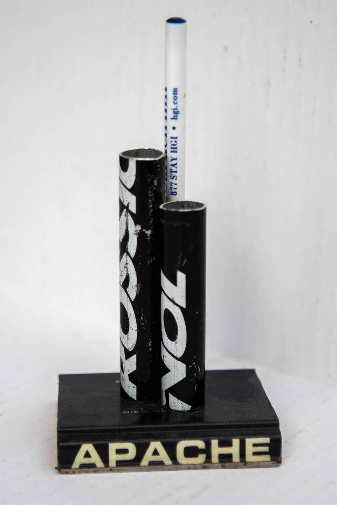 Brian Geppert sells his ski creations, such as this pen holder, on Etsy. (Annie Barker / The Herald)
