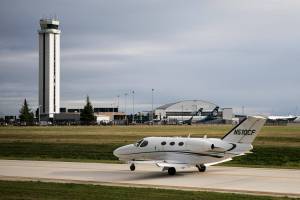 A private plane taxis past the Paine Field passenger terminal on Wednesday, Nov. 3, 2021 in Everett, Wa. (Olivia Vanni / The Herald)