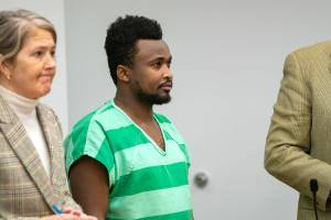 Kelvin Njeru appears in court for sentencing on Tuesday, March 7, 2023, at Snohomish County Superior Court in Everett, Washington. (Ryan Berry / The Herald)