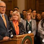 Gov. Inslee, left, with First Lady Trudi Inslee at a press conference advocating for laws to prevent gun violence. (Washington State Governors Office)