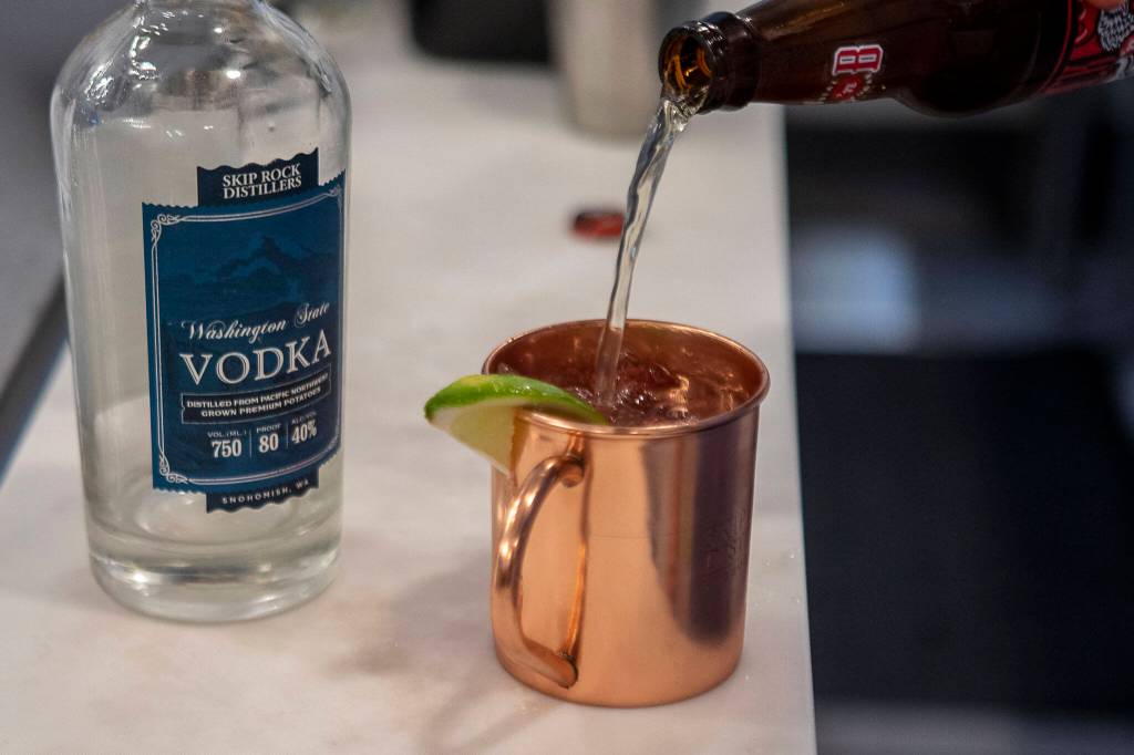 A Moscow Mule is prepared at Skip Rock Distillers on March 3, 2023 in Snohomish, Washington. (Annie Barker / The Herald)