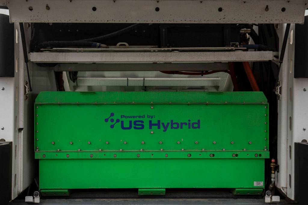 The battery of an all-electric street sweeper operates quietly and without creating carbon emissions, as demonstrated Friday at Paine Field Airport in Everett. (Annie Barker / The Herald)