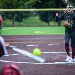 Lakewoods Katie Kruger pitches to Cascades Jaidyn Wilson who gets a hit during a game on Monday at Phil Johnson Ballfields in Everett. Cascade won 10-0. (Olivia Vanni / The Herald)