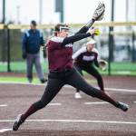 Cascades Alexa Hamshaw pitches during the game against Lakewood on Monday, March 13, 2023 in Everett, Washington. (Olivia Vanni / The Herald)