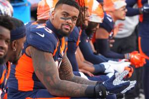 Denver Broncos defensive end Dre'Mont Jones (93) against the Kansas City Chiefs of an NFL football game Sunday, December 11, 2022, in Denver. (AP Photo/Bart Young)