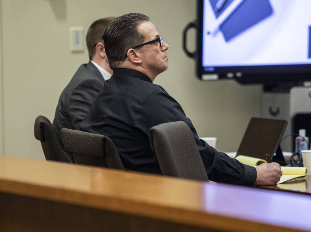 Richard Rotter listens to closing arguments by prosecutor Craig Matheson during his trial at the Snohomish County Courthouse on Friday, March 31, 2023, in Everett, Washington. (Olivia Vanni / The Herald)