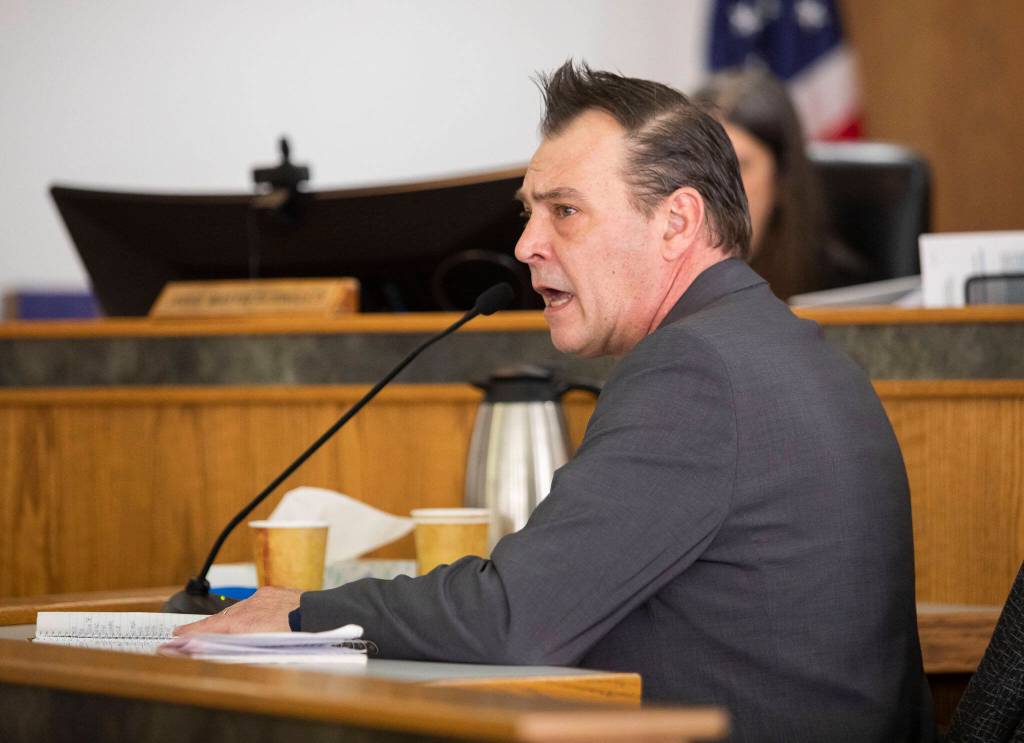 Chad Hofland, the father of victim Andre Hofland, addresses the court Wednesday during Dominic Wilsons sentencing at the Snohomish County Courthouse in Everett. (Olivia Vanni / The Herald)