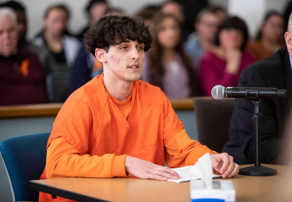 Dominic Wilson addresses the court Wednesday during his sentencing at the Snohomish County Courthouse in Everett. (Olivia Vanni / The Herald)