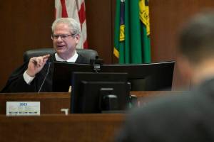 Judge Bruce Weiss speaks to the attorneys during jury selection at the Snohomish County Courthouse on Tuesday, March 14, 2023 in Everett, Washington. (Olivia Vanni / The Herald)