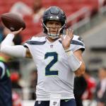 Seahawks quarterback Drew Lock (2) warms up before a game against the 49ers on Sept. 18, 2022, in Santa Clara, Calif. (AP Photo/Josie Lepe)