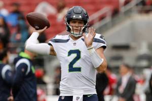 Seattle Seahawks quarterback Drew Lock (2) warms up before an NFL football game against the San Francisco 49ers in Santa Clara, Calif., Sunday, Sept. 18, 2022. (AP Photo/Josie Lepe)