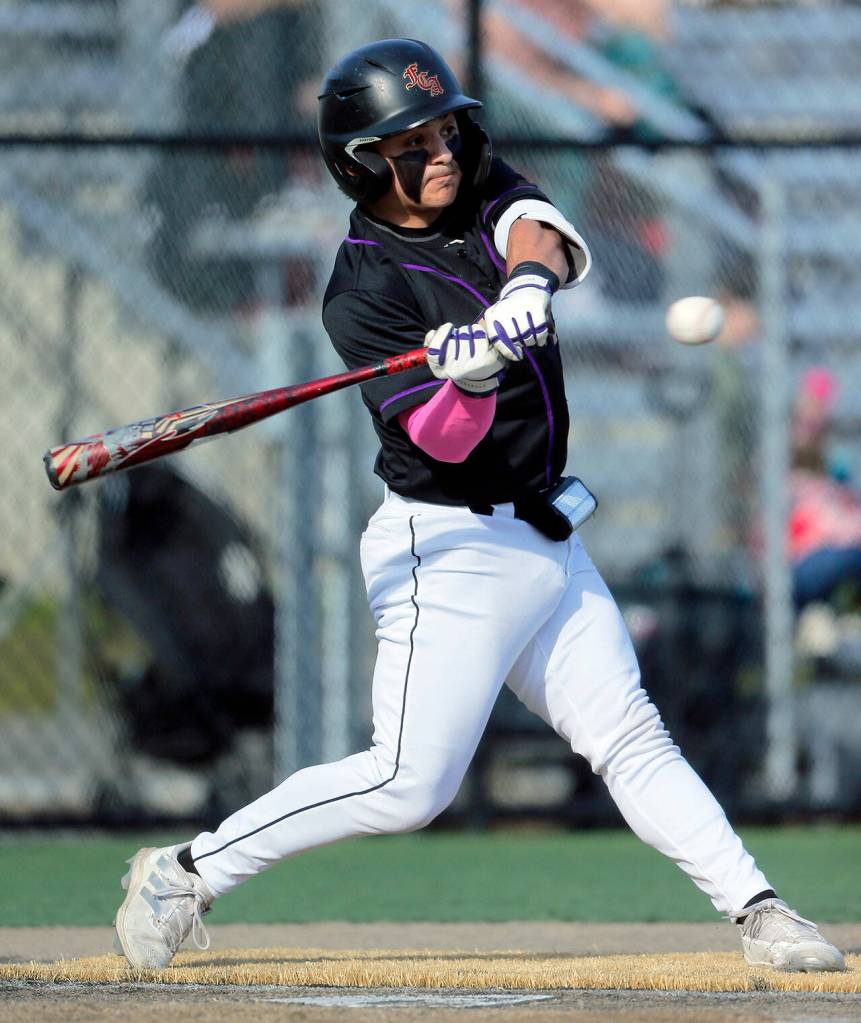 Lake Stevens’ Hayden Villasenor takes a cut at a pitch during a game against Lynnwood on Friday, March 17, 2023, at Lake Stevens High School in Lake Stevens, Washington. (Ryan Berry / The Herald)