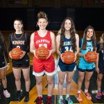 (Pictured from left) Aniya Hooker of Lynnwood, Adria Lincoln of Monroe, Vivienne Berrett of Stanwood, Jenna Villa of Arlington, Gia Powell of Meadowdale and Bella Hasan of Kamiak are The Heralds 2022-23 All-Area girls basketball first-team members. Photographed on Sunday, March 26, 2023, at Arlington High School. (Ryan Berry / The Herald)