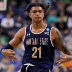 Montana State guard RaeQuan Battle celebrates after scoring against Kansas State during the first half of a first-round mens NCAA Tournament game on Friday night in Greensboro, N.C. (AP Photo/Chris Carlson)