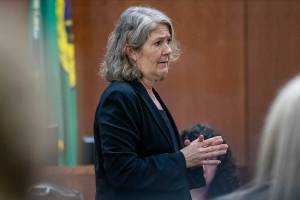 Defense attorney Natalie Tarantino gives her opening statement in the trial of Richard Rotter at the Snohomish County Courthouse in Everett, Washington on Monday, March 20, 2023. (Annie Barker / The Herald)