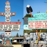 In this side-by-side image, the Totem Family Diner and Pacific Stone Company signs put on a flirty display for all to see on Wednesday in Everett. (Ryan Berry / The Herald)