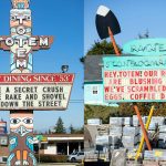 In this side-by-side image, the Totem Diner and Pacific Stone Company signs put on a flirty display for all to see Wednesday, March 22, 2023, in Everett, Washington. (Ryan Berry / The Herald)