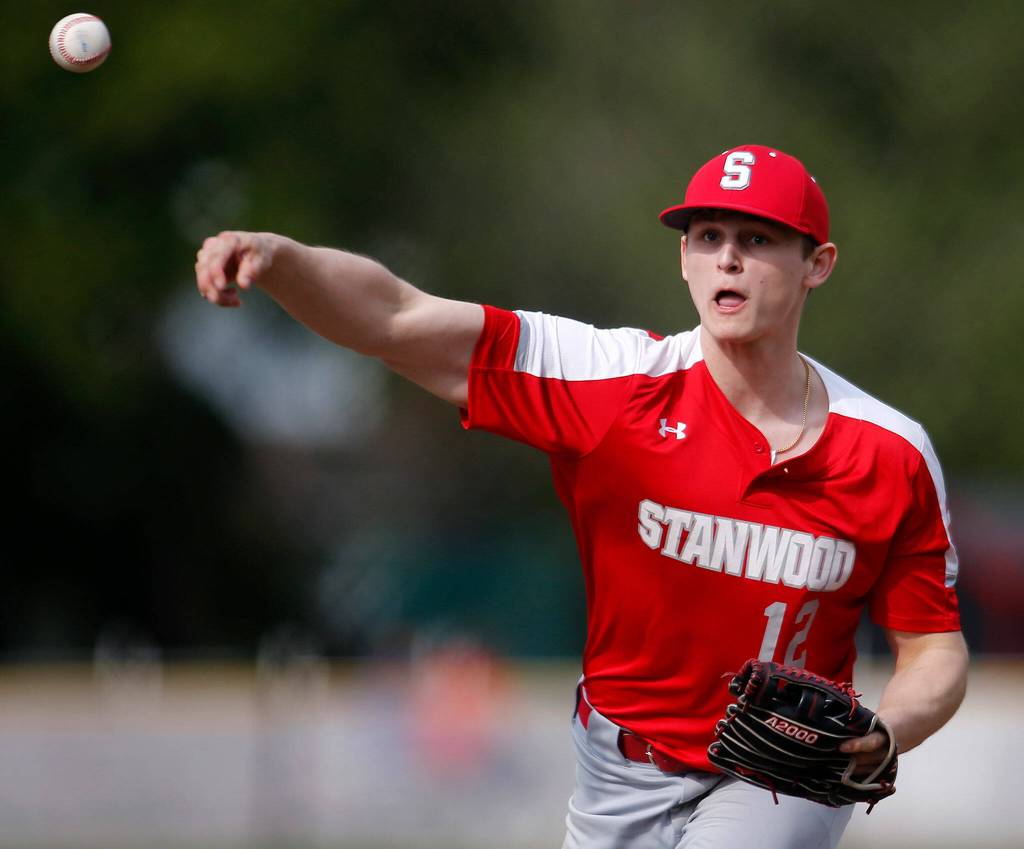 Stanwoods Mason Goodson delivers a pitch against Archbishop Murphy on April 28, 2022, at Archbishop Murphy High School in Everett. (Ryan Berry / The Herald)