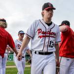 Kale Hammer walks back to the dugout after pitching against Marysville Getchell on April 7, 2022, at Snohomish High School in Snohomish. (Kevin Clark / The Herald)