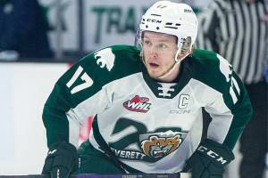 Silvertips winger Jackson Berezowski skates into the offensive zone during a game against Seattle on Saturday, Feb. 4, 2023, at Angel of the Winds Arena in Everett, Washington. (Ryan Berry / The Herald)