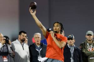 Ohio State football quarterback C.J. Stroud runs a drill at the school's NFL Pro Day in Columbus, Ohio, Wednesday, March 22, 2023. (AP Photo/Paul Vernon)