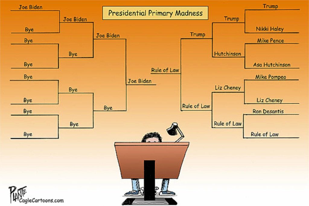 Presidential Primary Madness Bracket, President Joe Biden, Ex-President Donald J. Trump, Nikki Haley, Mike Pence, Asa Hutchinson, Mike Pompeo, Liz Cheney, Ron Desantis, Rule of Law, Campaign 2024, election, Rule of Law