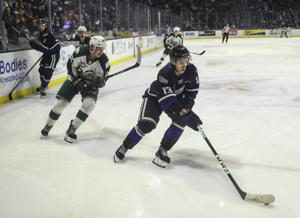 Royals Marcus Almquist (13) moves with the puck during a game between the Everett Silvertips and Victoria Royals at the Angel of the Winds Arena on Friday, March 24, 2023. The Silvertips fell to the Royals, 6-4. (Annie Barker / The Herald)