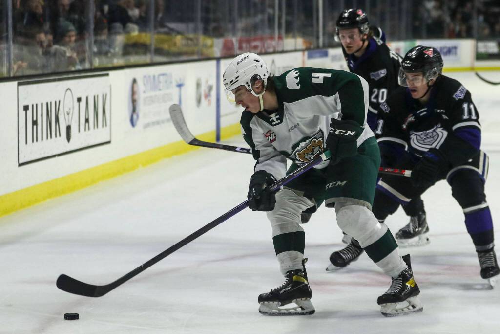 Silvertips Kasper Puutio (4) moves with the puck during a game between the Everett Silvertips and Victoria Royals at the Angel of the Winds Arena on Friday, March 24, 2023. The Silvertips fell to the Royals, 6-4. (Annie Barker / The Herald)
