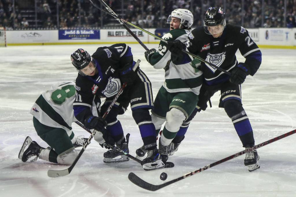 Silvertips Parker Hendren (47) moves with the puck during a game between the Everett Silvertips and Victoria Royals at the Angel of the Winds Arena on Friday, March 24, 2023. The Silvertips fell to the Royals, 6-4. (Annie Barker / The Herald)