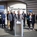 Dr. Joshua Heyne, a leading SAF expert and director of the Bioproducts Science and Engineering Laboratory at WSU Tri-Cities, speaks at a press conference talking about the plan to create the first Sustainable Aviation Fuel Repository in the world at Paine Field on Tuesday, March 28, 2023 in Everett, Washington. (Olivia Vanni / The Herald)