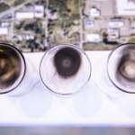 Glass brakes show the soot emissions differences between jet fuels on Tuesday, March 28, 2023 in Everett, Washington. (Olivia Vanni / The Herald)