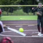Lakewoods Katie Krueger pitches to Cascades Jaidyn Wilson during a game on March 13, 2023, in Everett. (Olivia Vanni / The Herald)