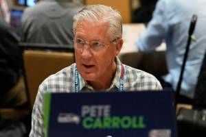 Seattle Seahawks head coach Pete Carroll speaks during the NFC head coaches availability at the NFL football meetings, Tuesday, March 28, 2023, in Phoenix. (AP Photo/Matt York)