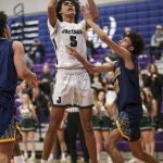 Jackson’s Sylas Williams (5) shoots the ball during a game between Jackson and Mariner at Lake Washington High School in Kirkland, Washington on Thursday, Feb. 16, 2023. After an intense back-and-forth in the final period Mariner defeated Jackson, 77-76. (Annie Barker / The Herald)
