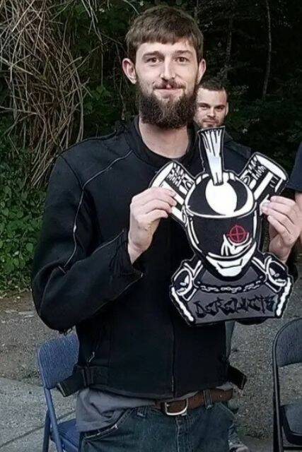 Anthony Mohs, also known as Road Rage, pictured with his official Derelicts motorcycle club patch at a ceremony on July 8, 2017. (Photo Provided by Dana Mowbray)