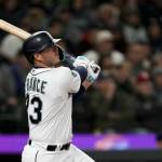 The Mariners Ty France watches his double to center field against the Guardians during the sixth inning of a game Thursday night in Seattle. (AP Photo/Lindsey Wasson)