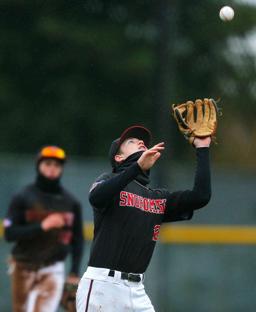 Snohomishs Easton Leonard snags a pop up against Glacier Peak on Friday, March 31, 2023, at Earl Torgeson Field in Snohomish, Washington. (Ryan Berry / The Herald)