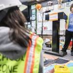 Chase Landis and Atticus Labor present their traffic solution to their class at Hazelwood Elementary School at Hazelwood Elementary School on Wednesday, March 29, 2023, in Lynnwood, Washington. (Olivia Vanni / The Herald)