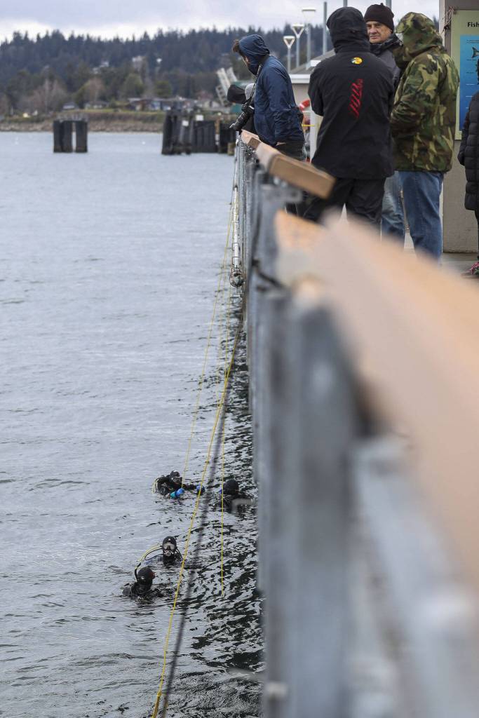 Locals wait to find out what items will resurface during an underwater scuba maintenance event at the Edmonds Fishing Pier in Edmonds, Washington on Sunday, April 2, 2023. (Annie Barker / The Herald)