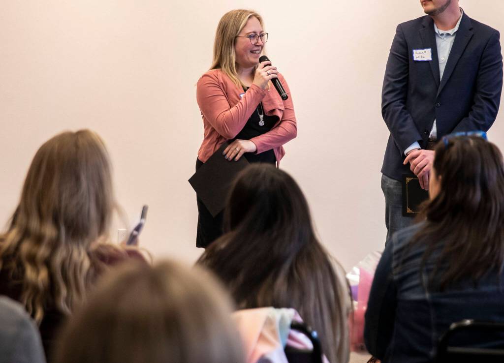 Emerging Leader Hayley Statema speaks after being named the winner at the Emerging Leader Award presentation on Thursday, April 13, 2023 in Everett, Washington. (Olivia Vanni / The Herald)