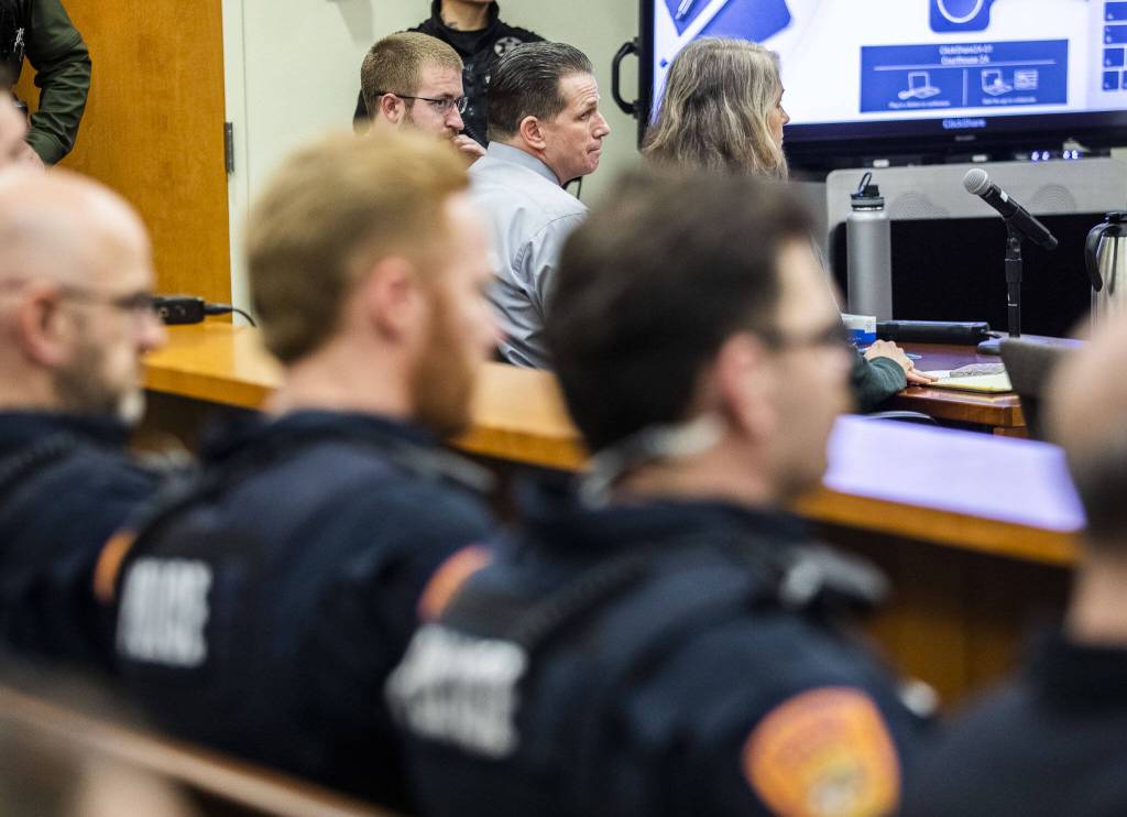 Richard Rotter listens while the jury is polled after finding Rotter guilty of aggravated first-degree murder at the Snohomish County Courthouse on Monday, April 3, 2023 in Everett, Washington. (Olivia Vanni / The Herald)