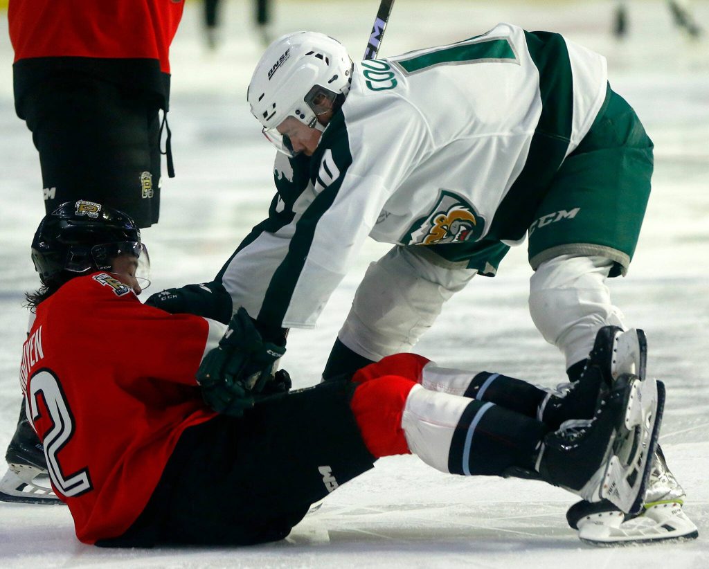 Everett Silvertips Beau Courtney gets into it behind the play with Portlands Marcus Nguyen during game three of a playoff series on Monday, April 3, 2023, at Angel of the Winds Arena in Everett, Washington. (Ryan Berry / The Herald)